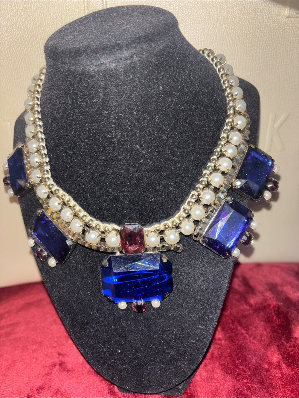 Neiman Marcus Gold-Tone Necklace with Royal Blue Crystals and Pearls